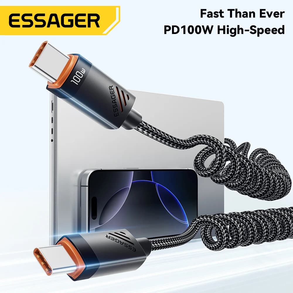 Cablu spiralat USB-C la USB-C pentru încărcare rapidă, 100W