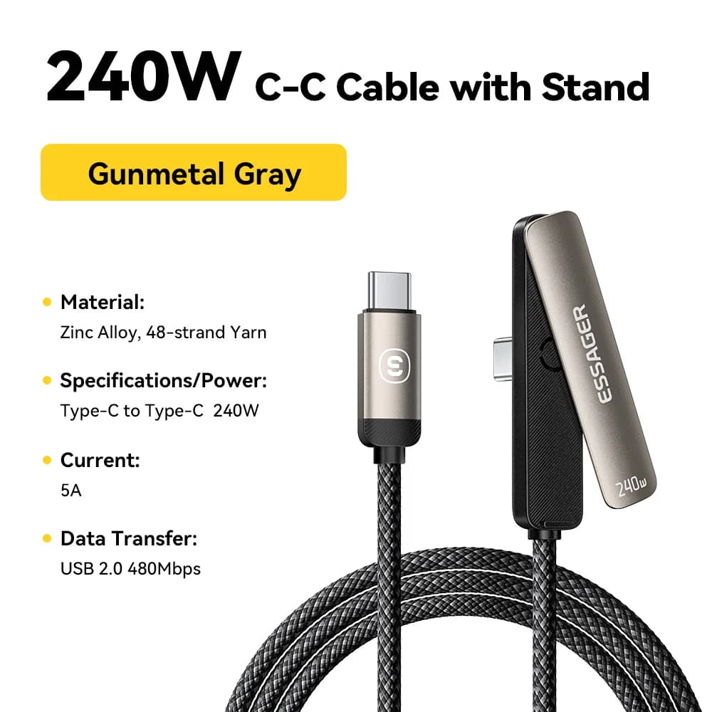 Cablu USB-C 2-în-1 cu cot și suport pentru telefon, 7A