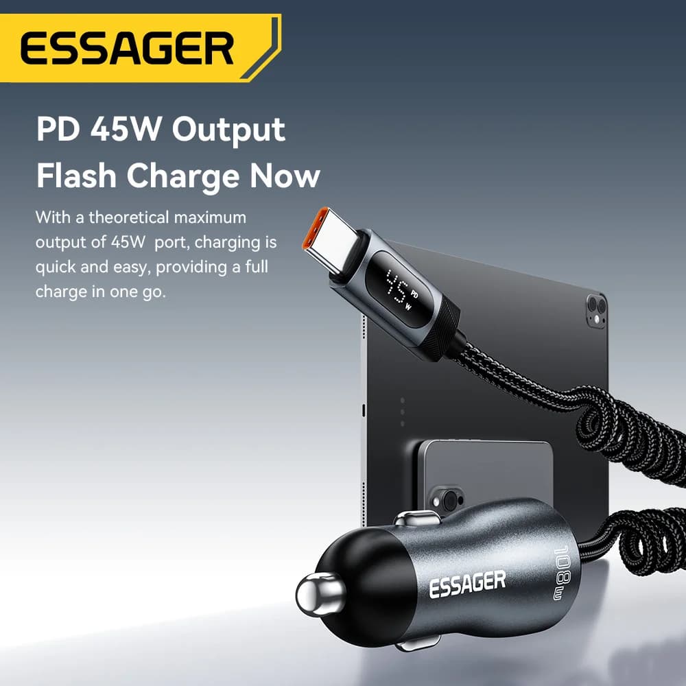 Încărcător auto 108W cu USB-C, USB-A și cablu spirală