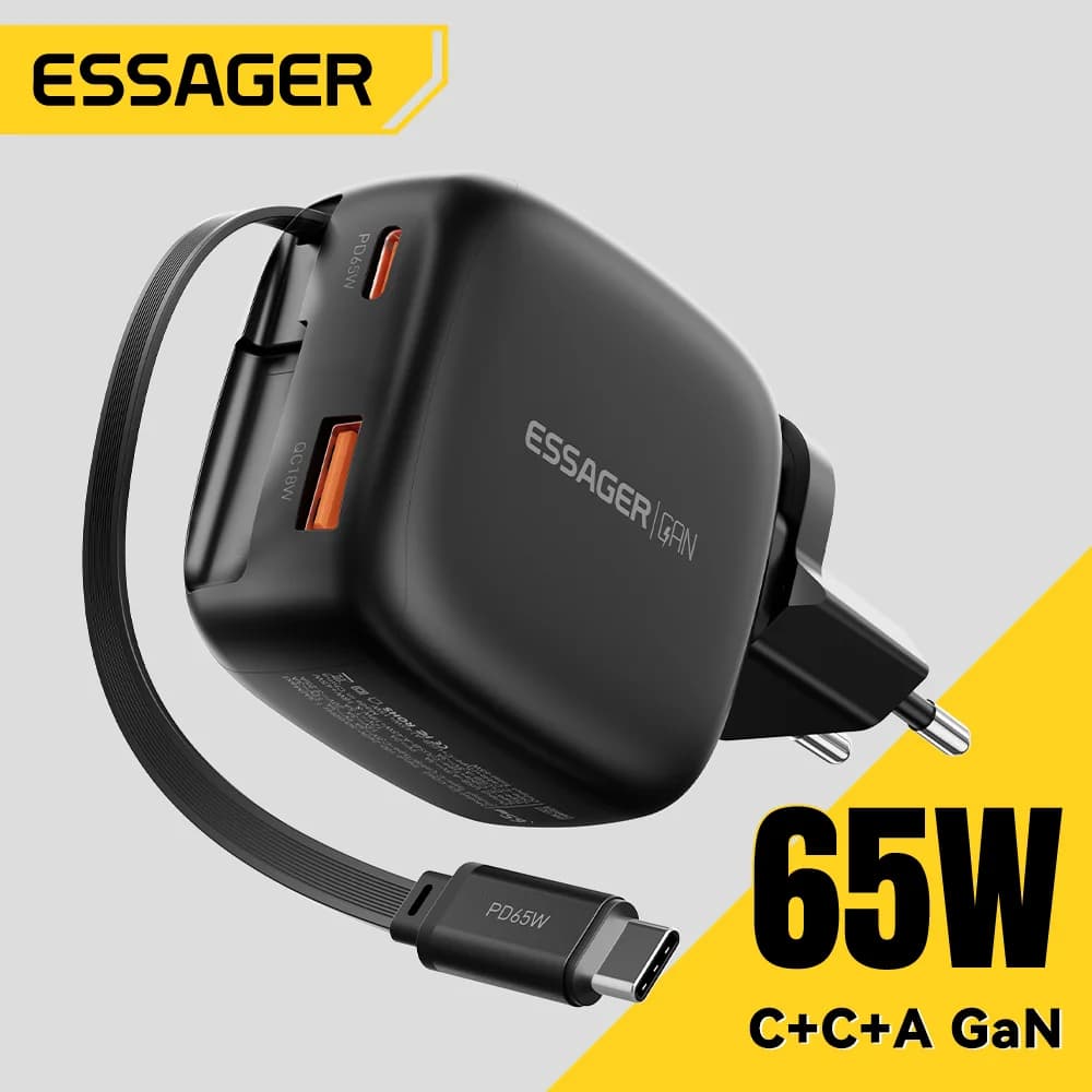 Încărcător GaN 65W cu cablu retractabil USB-C 3-în-1