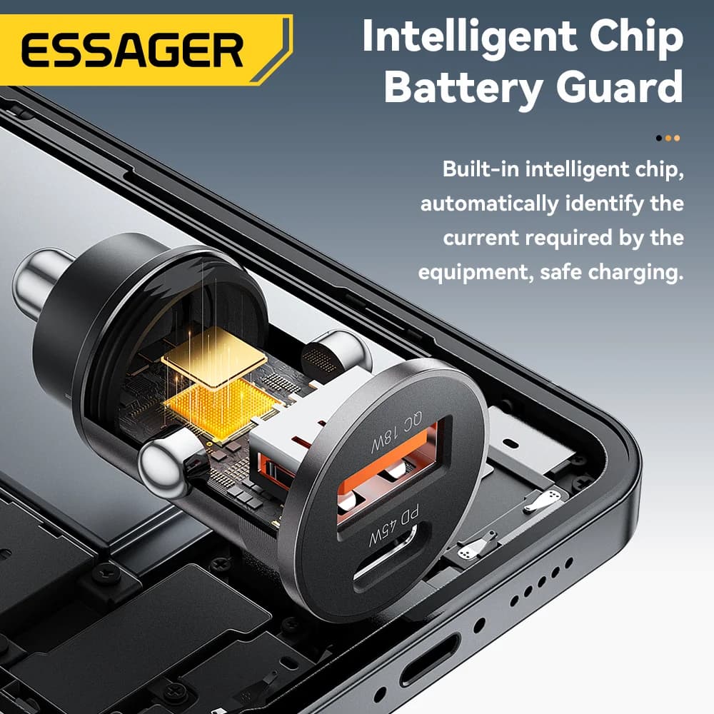 Încărcător auto mini USB-C 45W, QC 3.0