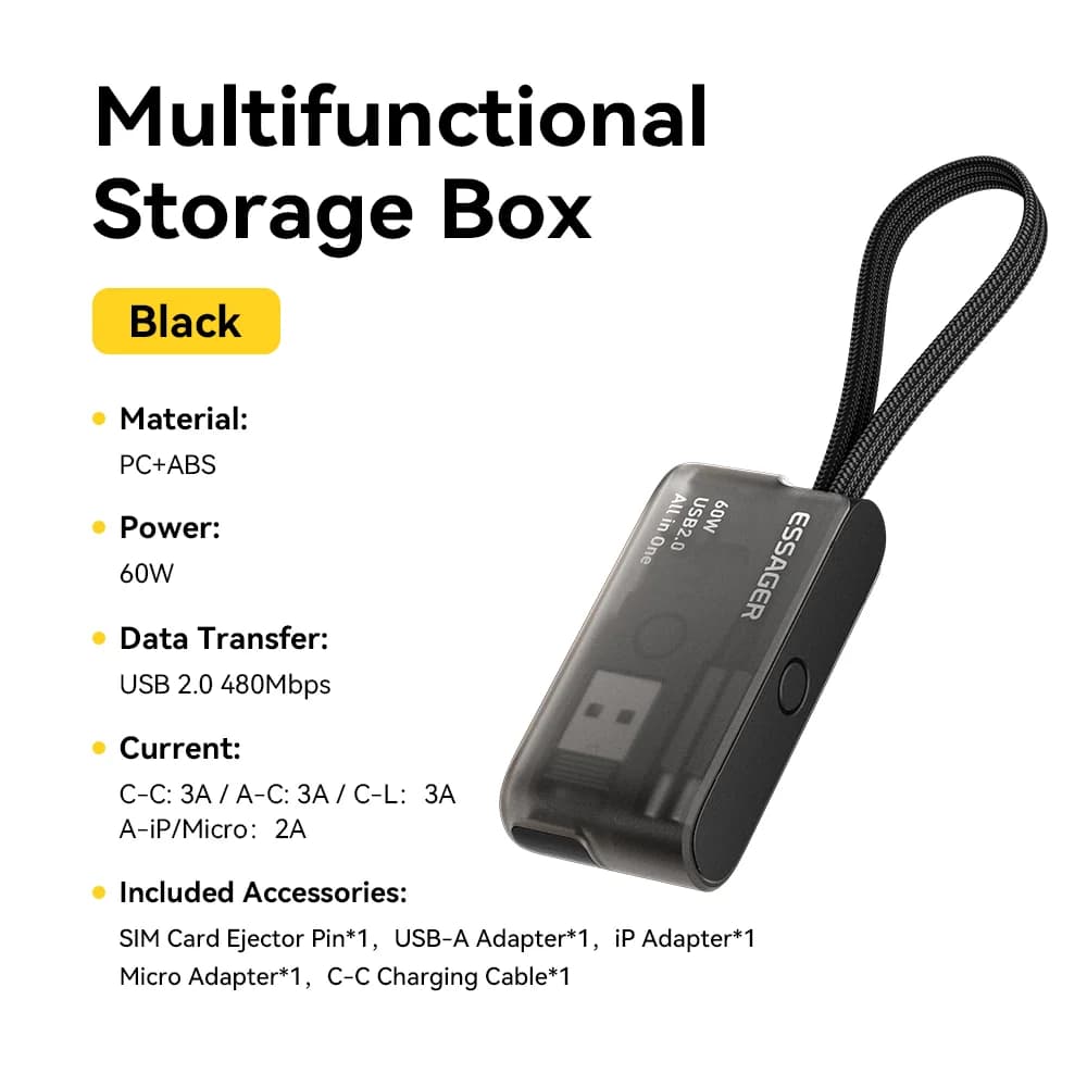 Set Cablu Date USB-C 60W cu Cutie Depozitare Călătorii