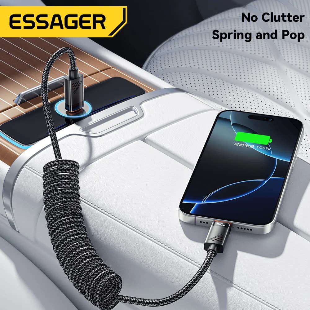 Cablu spiralat USB-C la USB-C pentru încărcare rapidă, 100W