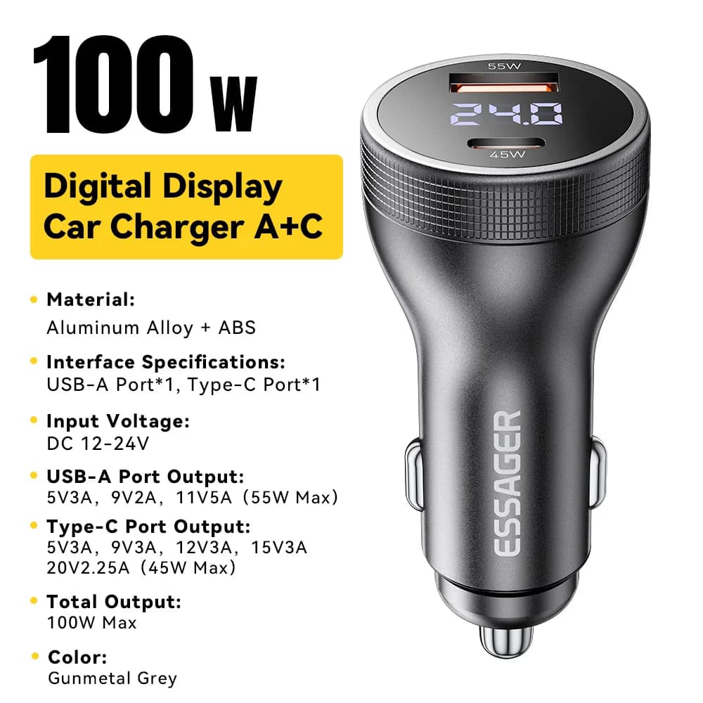 Încărcător Auto USB-C 100W cu Display Digital