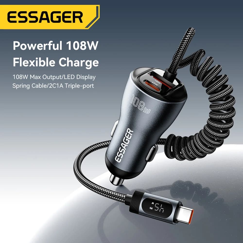Încărcător auto 108W cu USB-C, USB-A și cablu spirală