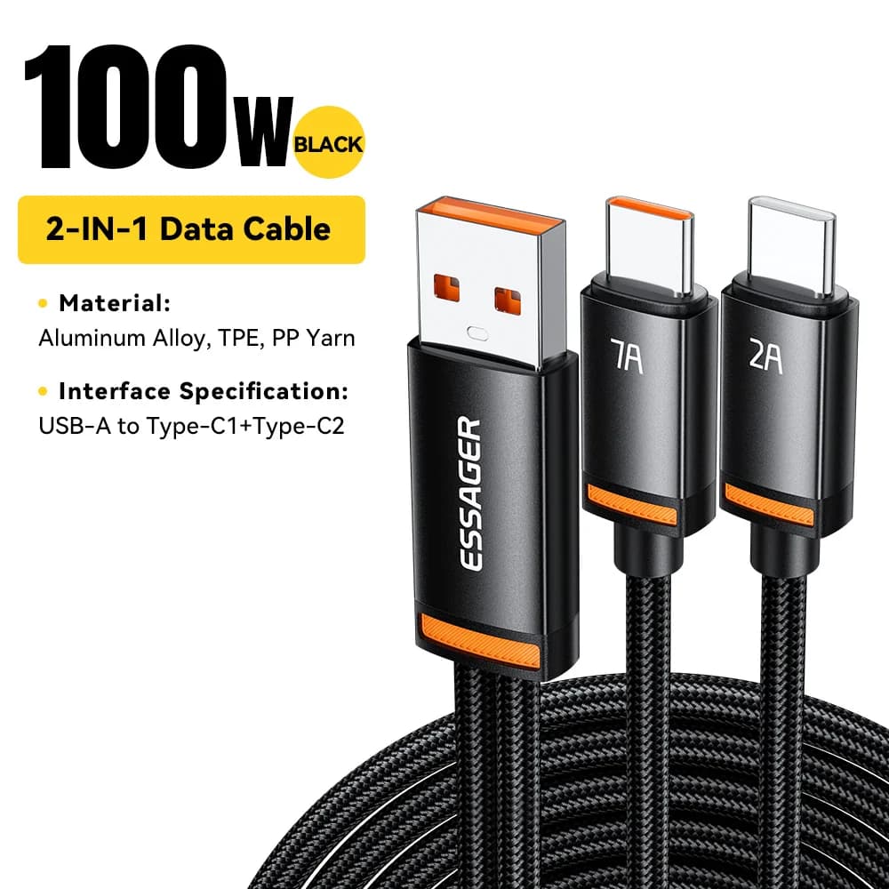 Cablu 2-în-1 USB-A la Type-C și Lightning, 100W