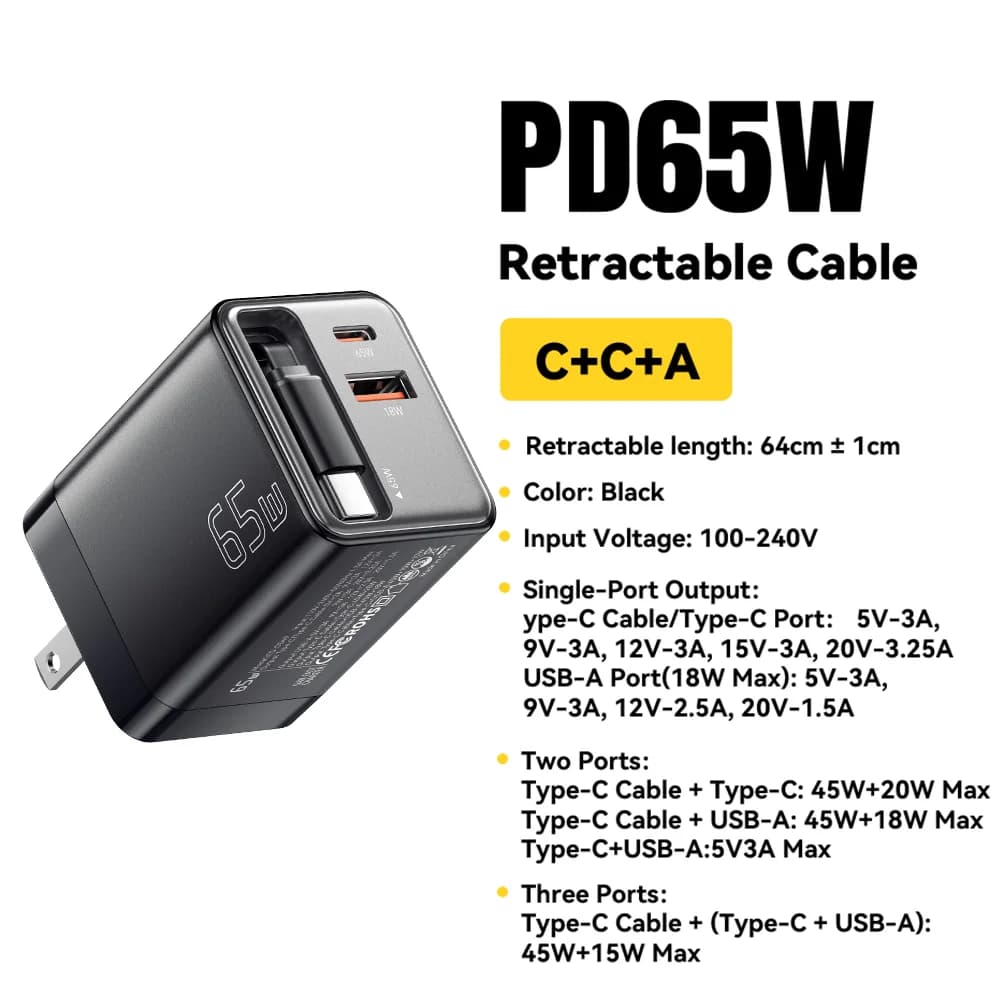 Încărcător GaN 65W cu Cablu Retractabil