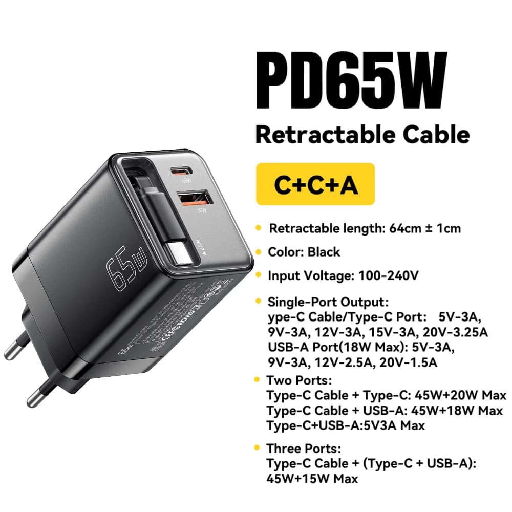 Încărcător GaN 65W cu Cablu Retractabil
